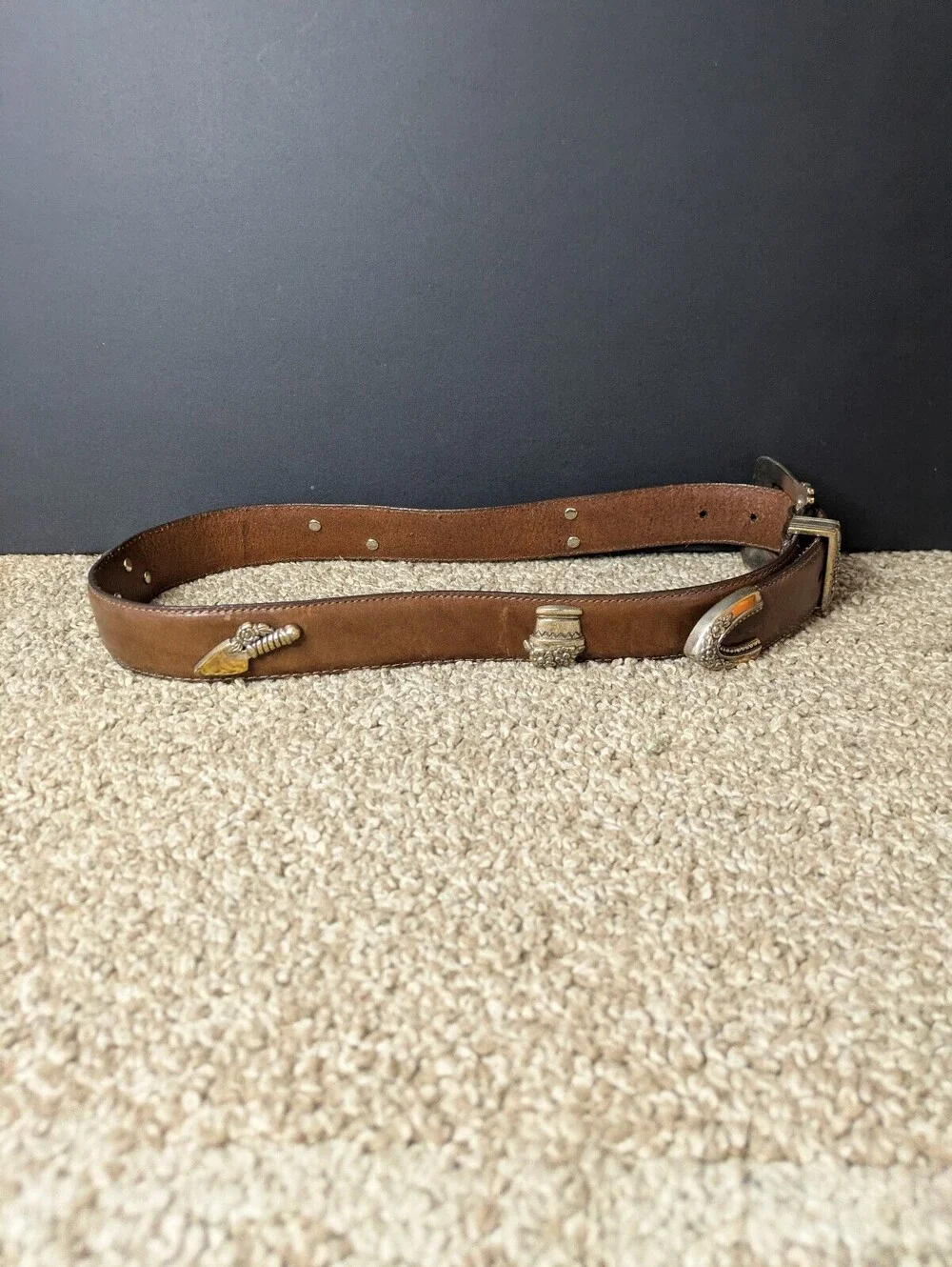 Talbots Vintage Leather Gardening Charm Waist Belt Medium Brown